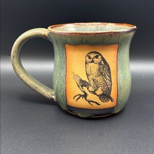 ALWAYS AZUL POTTERY Snowy Owl Mug in Green Blue Glaze with Brown Details 14oz